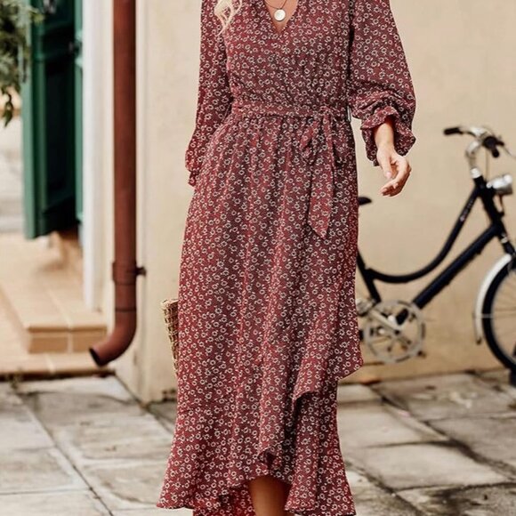 BTFBM WOMEN'S LONG SLEEVE WRAP MAXI DRESS W/BELT SZ LG NWOT - Picture 2 of 9
